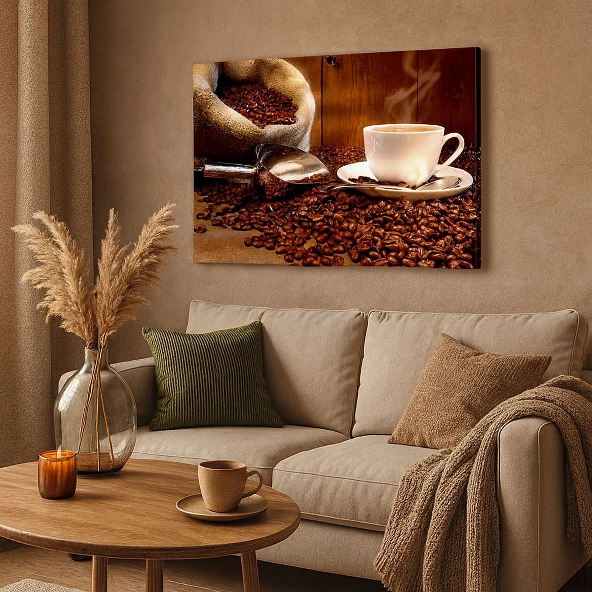 Bild auf Leinwand - Leinwandbild - Eine Tasse Kaffee mit Kaffeebohnen und einem Getreidesack im Hintergrund - 70x50cm - Fühlst du diesen Geruch? - Moderne Wanddekoration für Wohnzimmer und Schlafzimmer ARTTOR