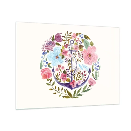 Glasbild - Bild auf glas - Ein Anker, umgeben von bunten Aquarellblumen - 70x50cm - Guter Traum eines Seemanns - Moderne Wanddekoration für Wohnzimmer und Schlafzimmer ARTTOR