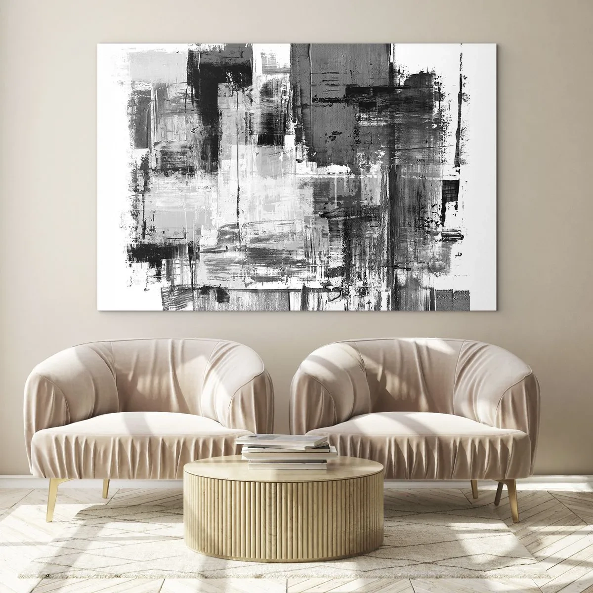 Glasbild - Bild auf glas - Schwarz-weiße Abstraktion mit geometrischer Struktur - 70x50cm - Wunderschönes Grau - Moderne Wanddekoration für Wohnzimmer und Schlafzimmer ARTTOR