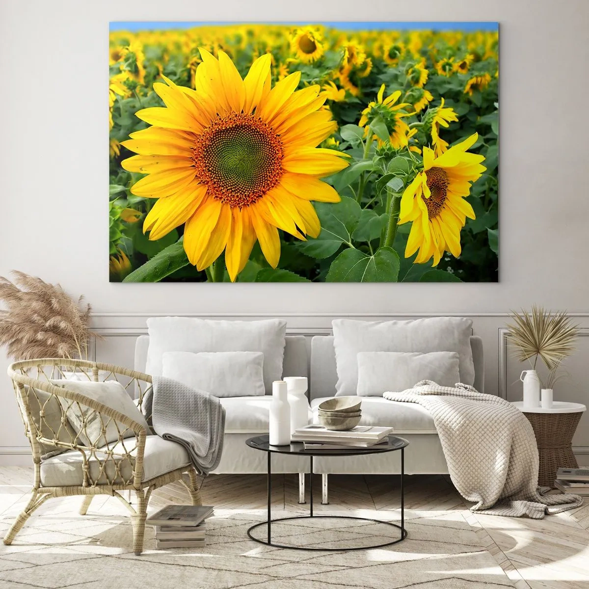 Glasbild - Bild auf glas - Ein Feld voller Sonnenblumen in voller Blüte unter blauem Himmel - 70x50cm - Hunderte von Sonnen flammten auf - Moderne Wanddekoration für Wohnzimmer und Schlafzimmer ARTTOR