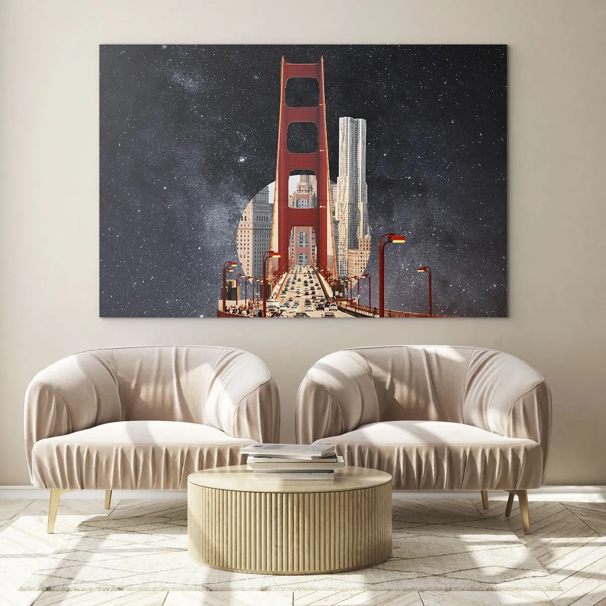 Glasbild - Bild auf glas - Brücke und Wolkenkratzer vor einem surrealen Galaxienhintergrund - 70x50cm - Immer im Mittelpunkt - Moderne Wanddekoration für Wohnzimmer und Schlafzimmer ARTTOR