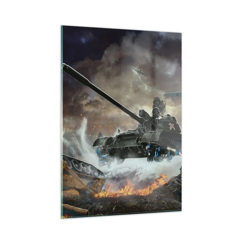 Glasbild - Bild auf glas - Ein Panzer im Einsatz vor der Kulisse eines dramatischen Schlachtfeldes. - 50x70cm - Der Kampf ist schrecklich und schön - Moderne Wanddekoration für Wohnzimmer und Schlafzimmer ARTTOR