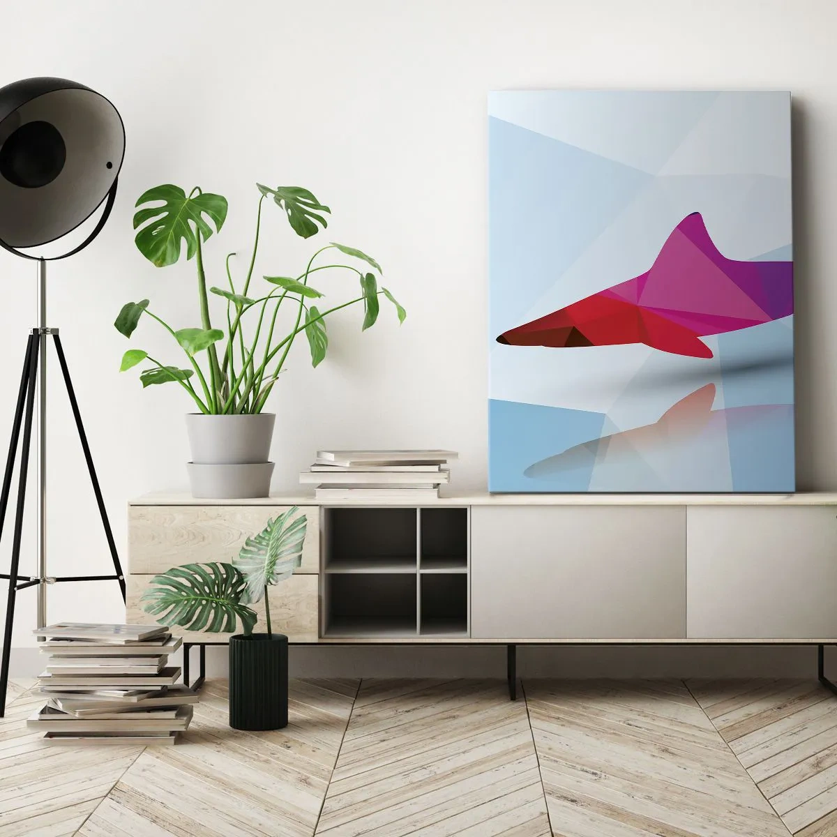 Bild auf Leinwand - Leinwandbild - Geometrische Hai-Silhouette in Rosa- und Blautönen - 80x120cm - Ein Hai in einem Kristallraum - Moderne Wanddekoration für Wohnzimmer und Schlafzimmer ARTTOR