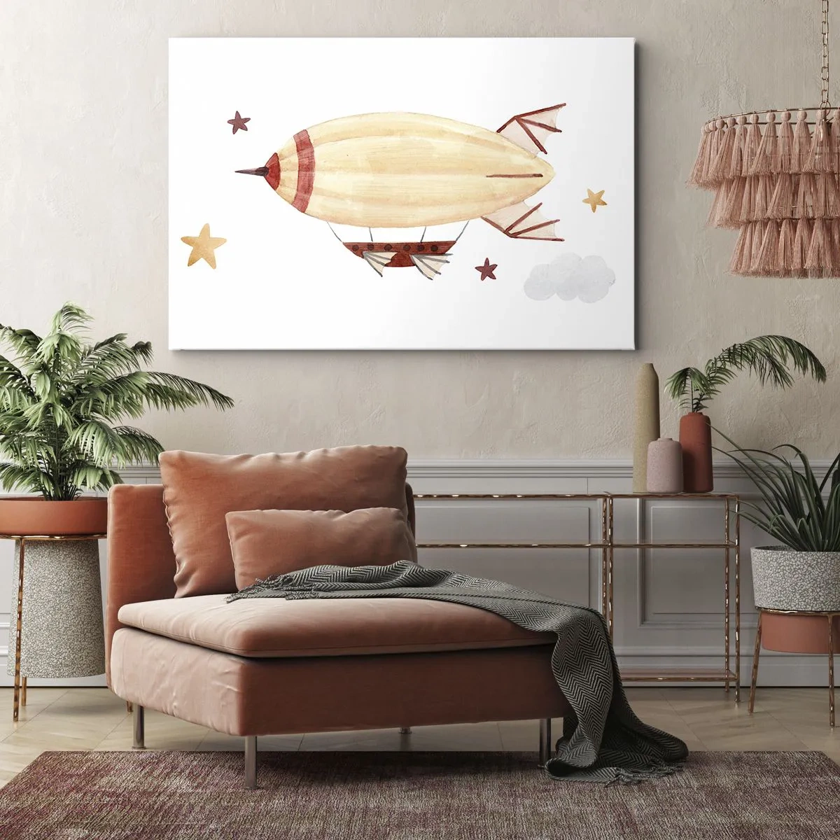 Bild auf Leinwand - Leinwandbild - Ein handbemaltes Luftschiff vor Sternenhimmel - 120x80cm - Luftschiff - Moderne Wanddekoration für Wohnzimmer und Schlafzimmer ARTTOR