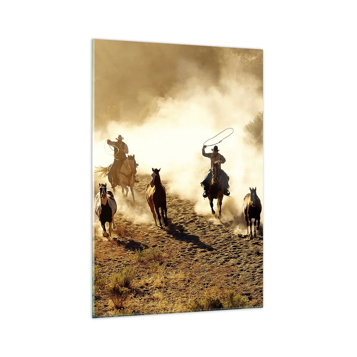 Glasbild - Bild auf glas - Cowboys zu Pferd in Aktion im Wüstengelände - 70x100cm - Wirklich wilder Westen - Moderne Wanddekoration für Wohnzimmer und Schlafzimmer ARTTOR