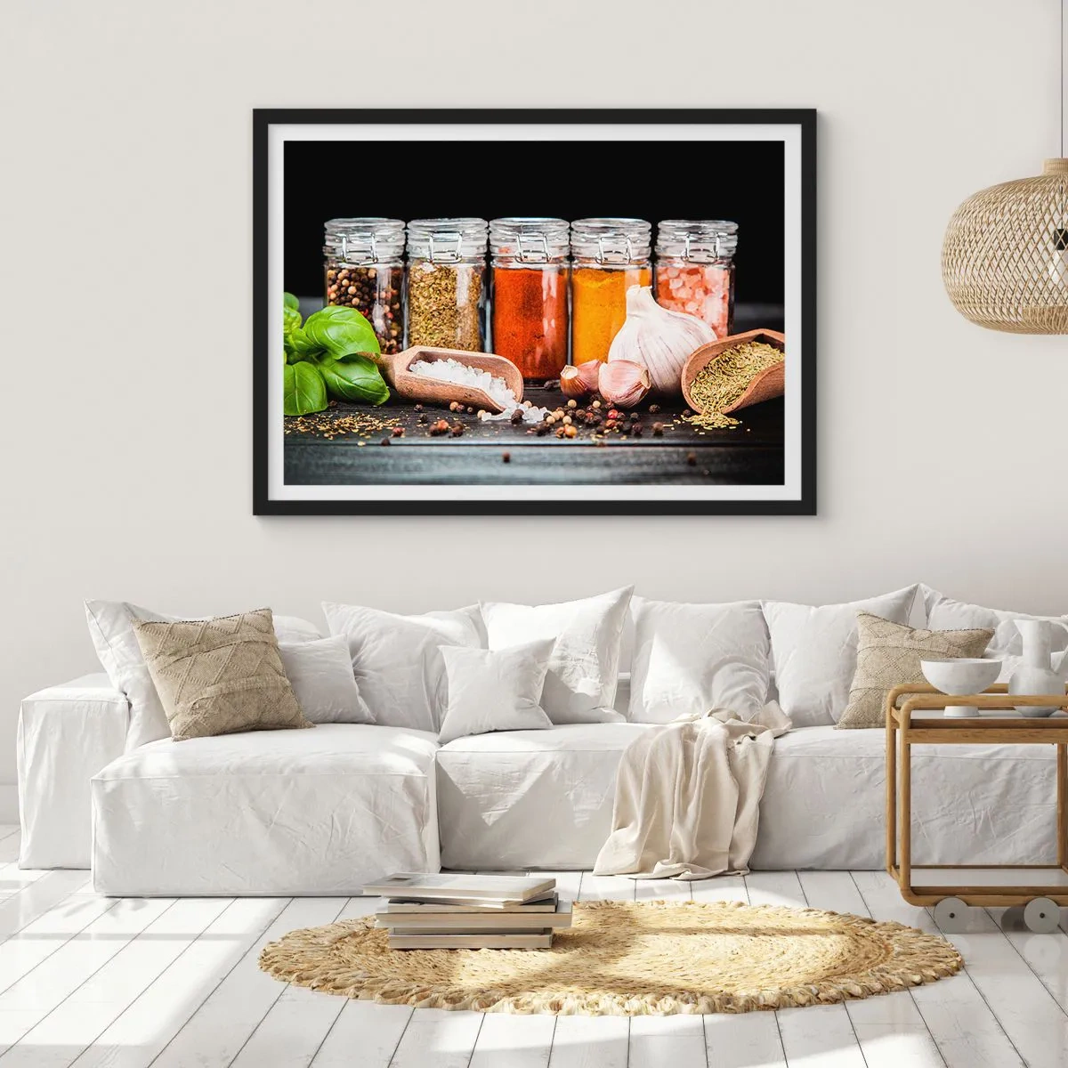 Poster in einem schwarzem Rahmen - Kräuter und Gewürze in Gläsern auf dunklem Hintergrund - 100x70cm - Für einen Geschmack des Lebens - Moderne Wanddekoration für Wohnzimmer und Schlafzimmer ARTTOR