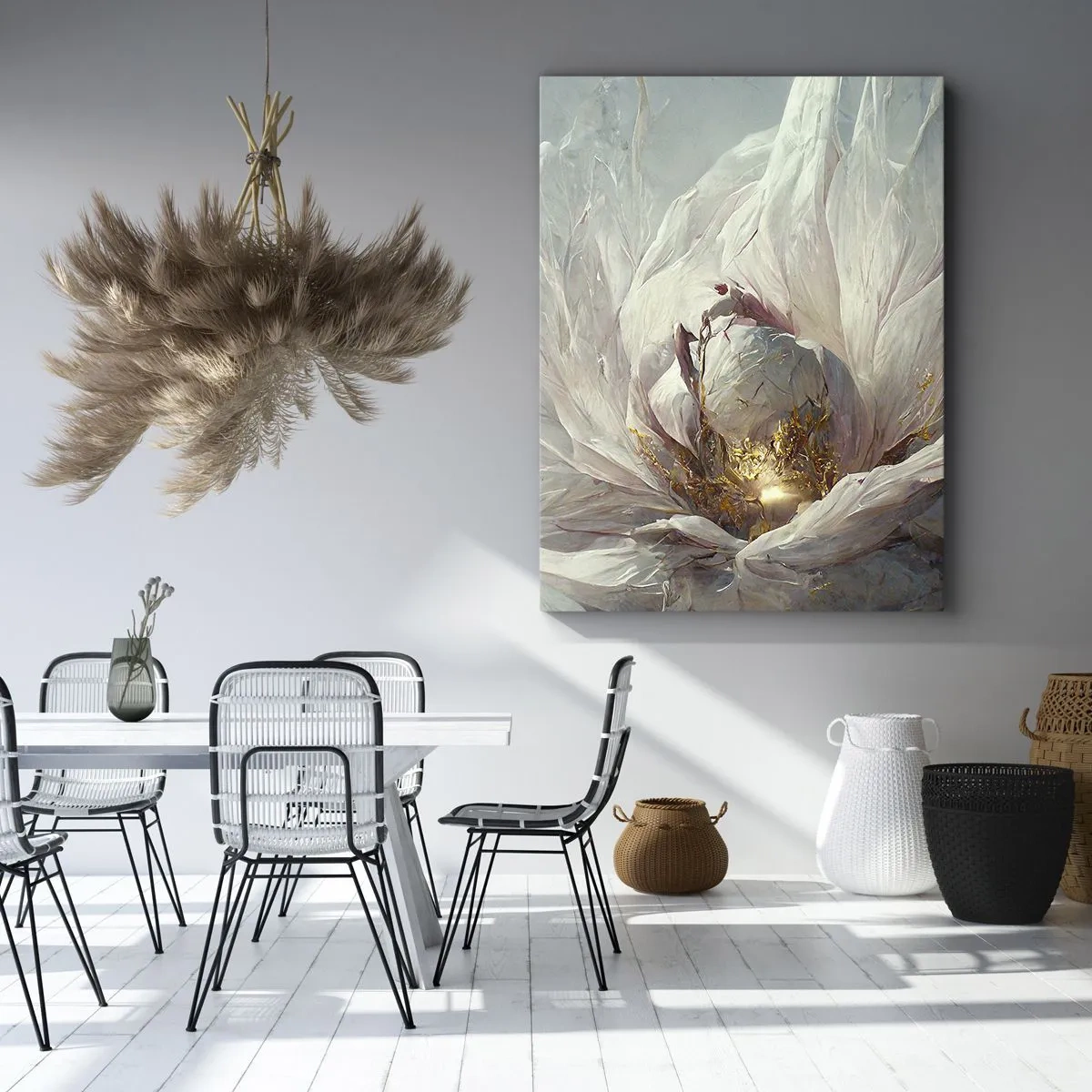 Bild auf Leinwand - Leinwandbild - Eine zarte weiße Blume mit subtilen goldenen Akzenten - 80x120cm - Sie blüht alle hundert Jahre einmal - Moderne Wanddekoration für Wohnzimmer und Schlafzimmer ARTTOR