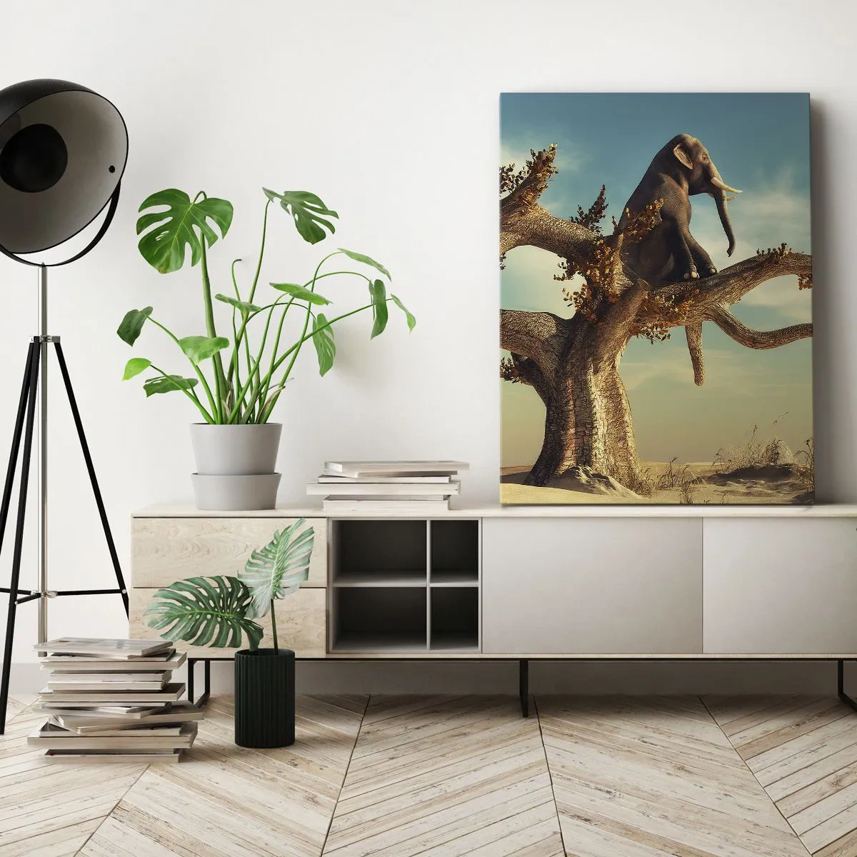 Bild auf Leinwand - Leinwandbild - Ein Elefant sitzt auf einem Baum in einer surrealen Landschaft - 50x70cm - Ein neuer Standpunkt - Moderne Wanddekoration für Wohnzimmer und Schlafzimmer ARTTOR