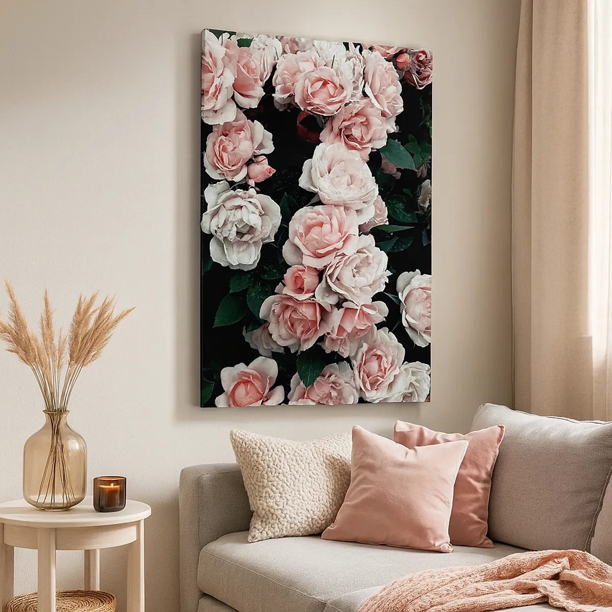 Bild auf Leinwand - Leinwandbild - Rosa Rosen auf dunklem Hintergrund in einer subtilen Komposition - 50x70cm - Rosen-Ensemble - Moderne Wanddekoration für Wohnzimmer und Schlafzimmer ARTTOR