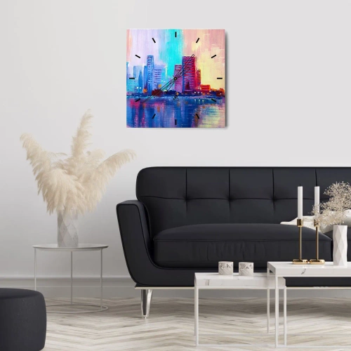 Wanduhr - Glasuhr - Ein farbenfrohes Panorama der Stadt im Aquarellstil - 30x30cm - In Farben getaucht - Moderne Wanddekoration für Wohnzimmer und Schlafzimmer ARTTOR