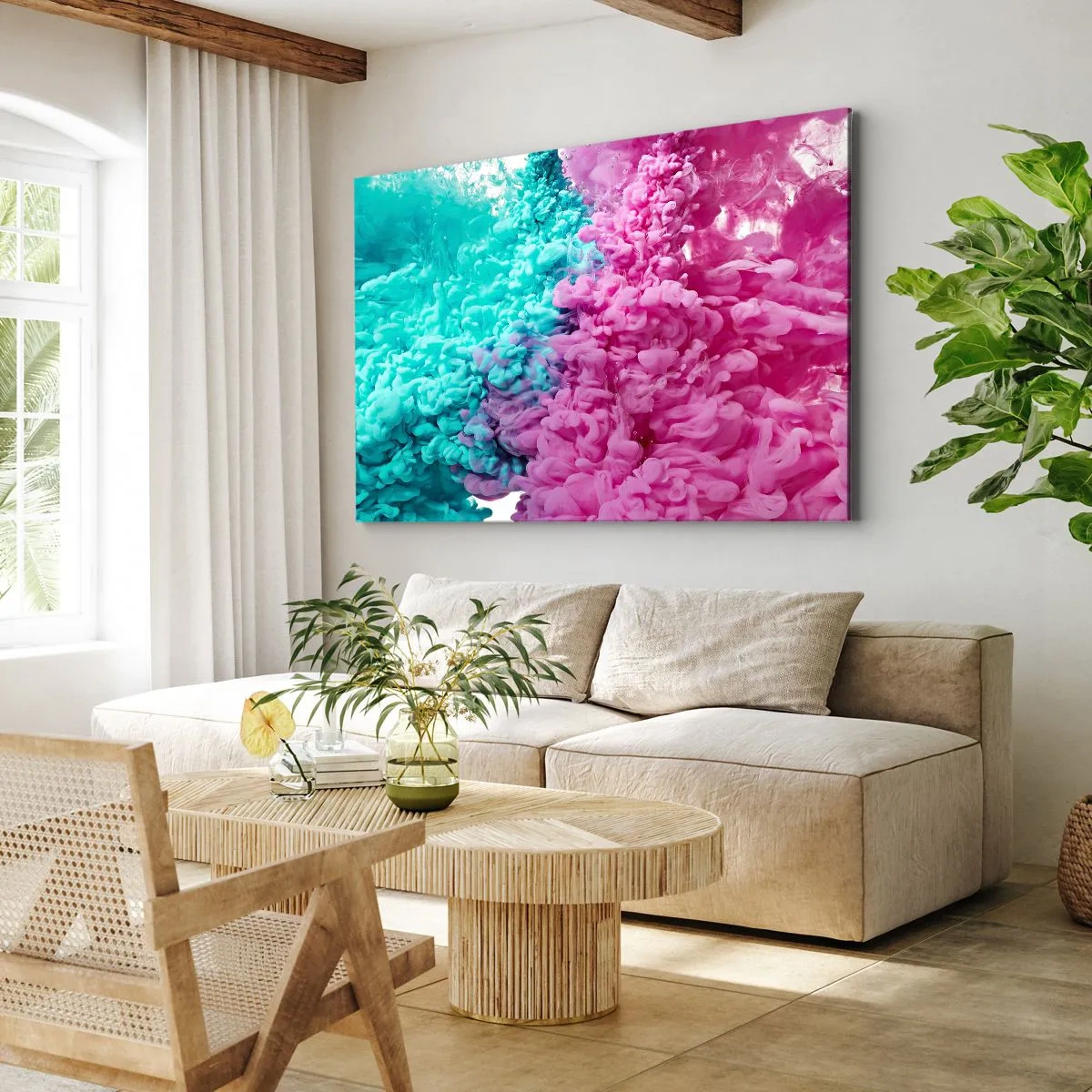 Bild auf Leinwand - Leinwandbild - Bunte Wellen aus Türkis und Pink in abstrakter Form - 120x80cm - Letzte Begegnung - Moderne Wanddekoration für Wohnzimmer und Schlafzimmer ARTTOR