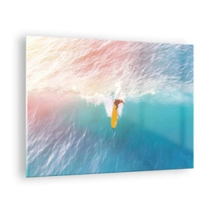 Glasbild - Bild auf glas - Surfer reitet auf einer Welle im türkisfarbenen Ozean - 70x50cm - Der Ozeanreiter - Moderne Wanddekoration für Wohnzimmer und Schlafzimmer ARTTOR