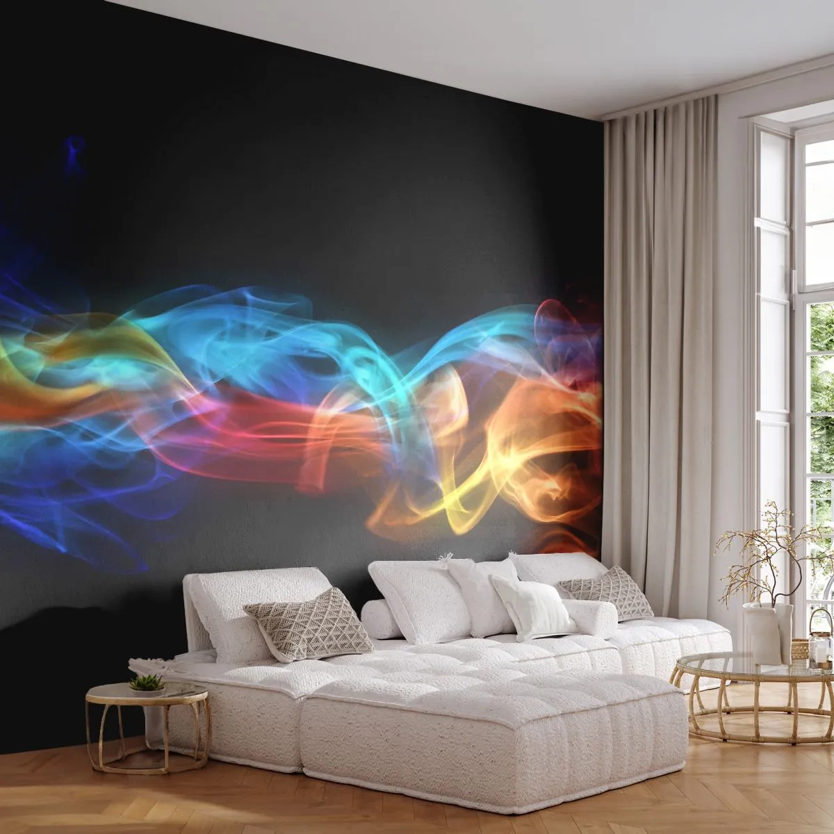 Fototapete Standard Eco - Regenbogentanz der Nebel - Abstraktion, Grafik, Bunte Flammen - 250x175 cm
