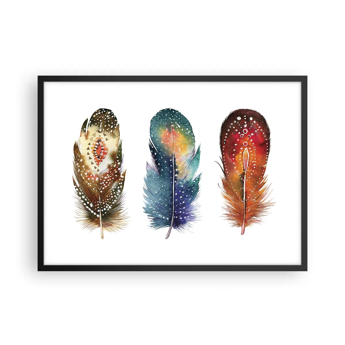 Poster in einem schwarzem Rahmen - Drei bunte Federn mit kunstvollen Mustern auf hellem Hintergrund - 70x50cm - Rituale, Zeremonien, Geheimnisse - Moderne Wanddekoration für Wohnzimmer und Schlafzimmer ARTTOR