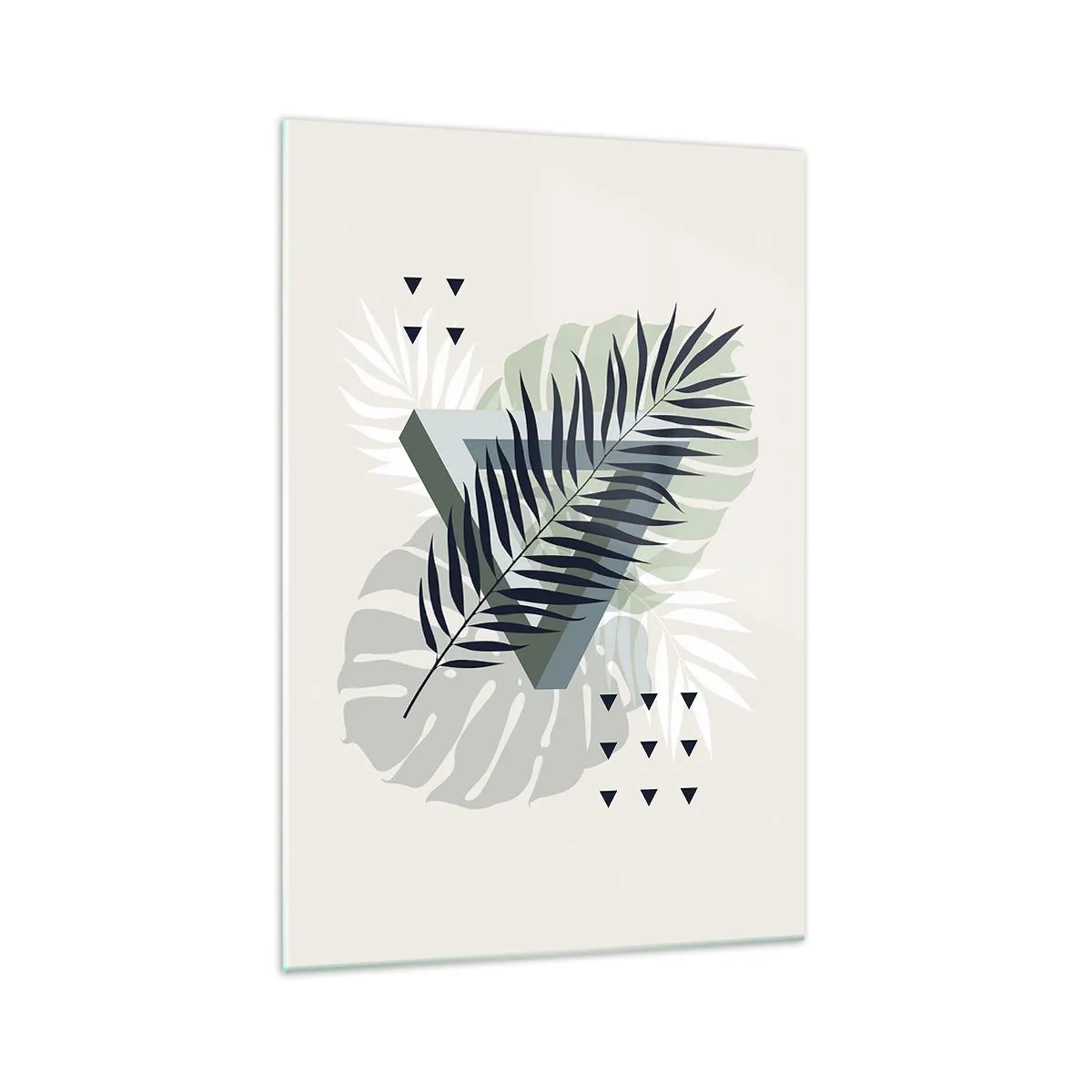 Glasbild - Bild auf glas - Geometrische Komposition mit tropischen Blättern in Grüntönen - 70x100cm - Natur und Geometrie – zwei Ordnungen? - Moderne Wanddekoration für Wohnzimmer und Schlafzimmer ARTTOR