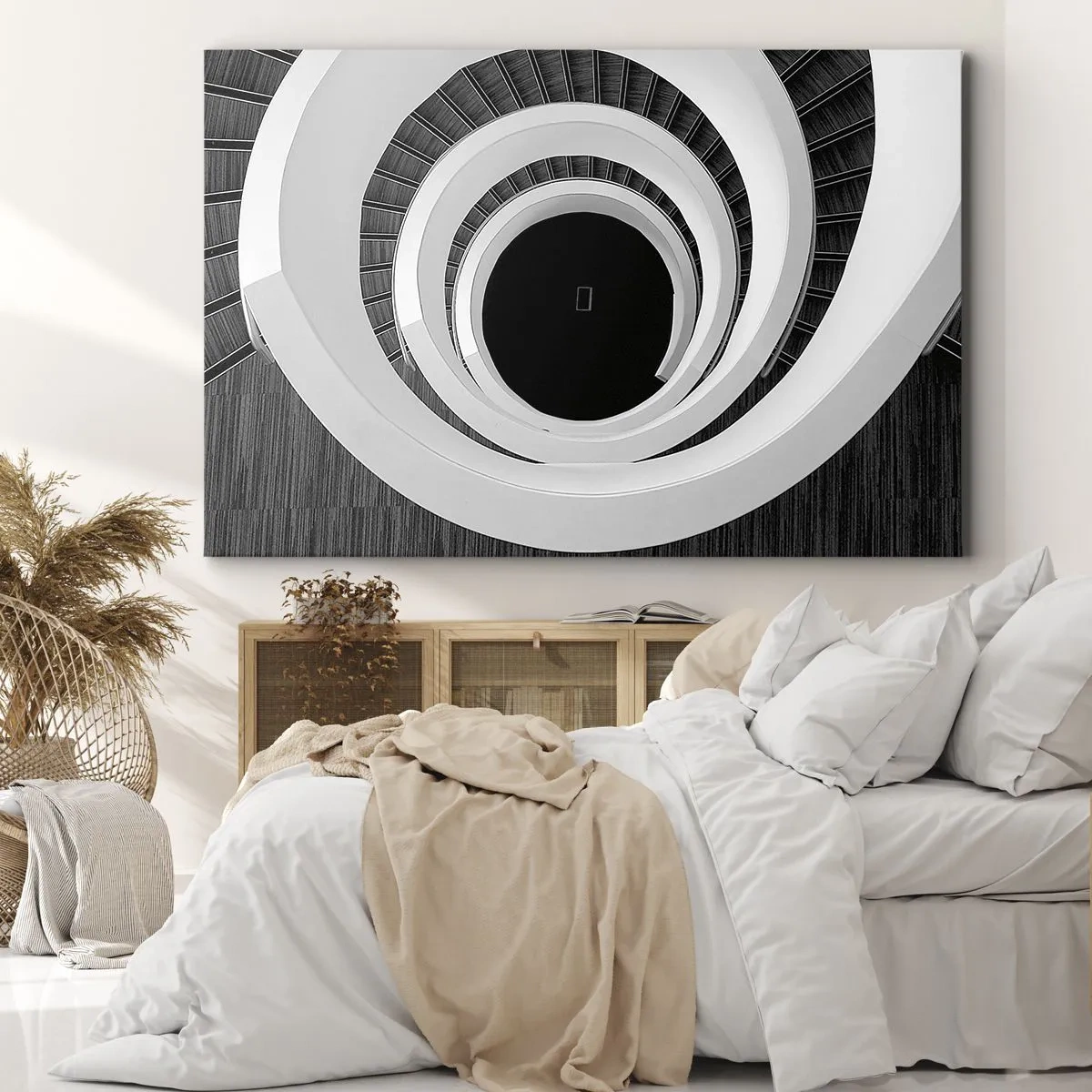 Bild auf Leinwand - Leinwandbild - Schwarz-weiße Wendeltreppe im modernen Stil - 100x70cm - Zum Kern der Sache - Moderne Wanddekoration für Wohnzimmer und Schlafzimmer ARTTOR