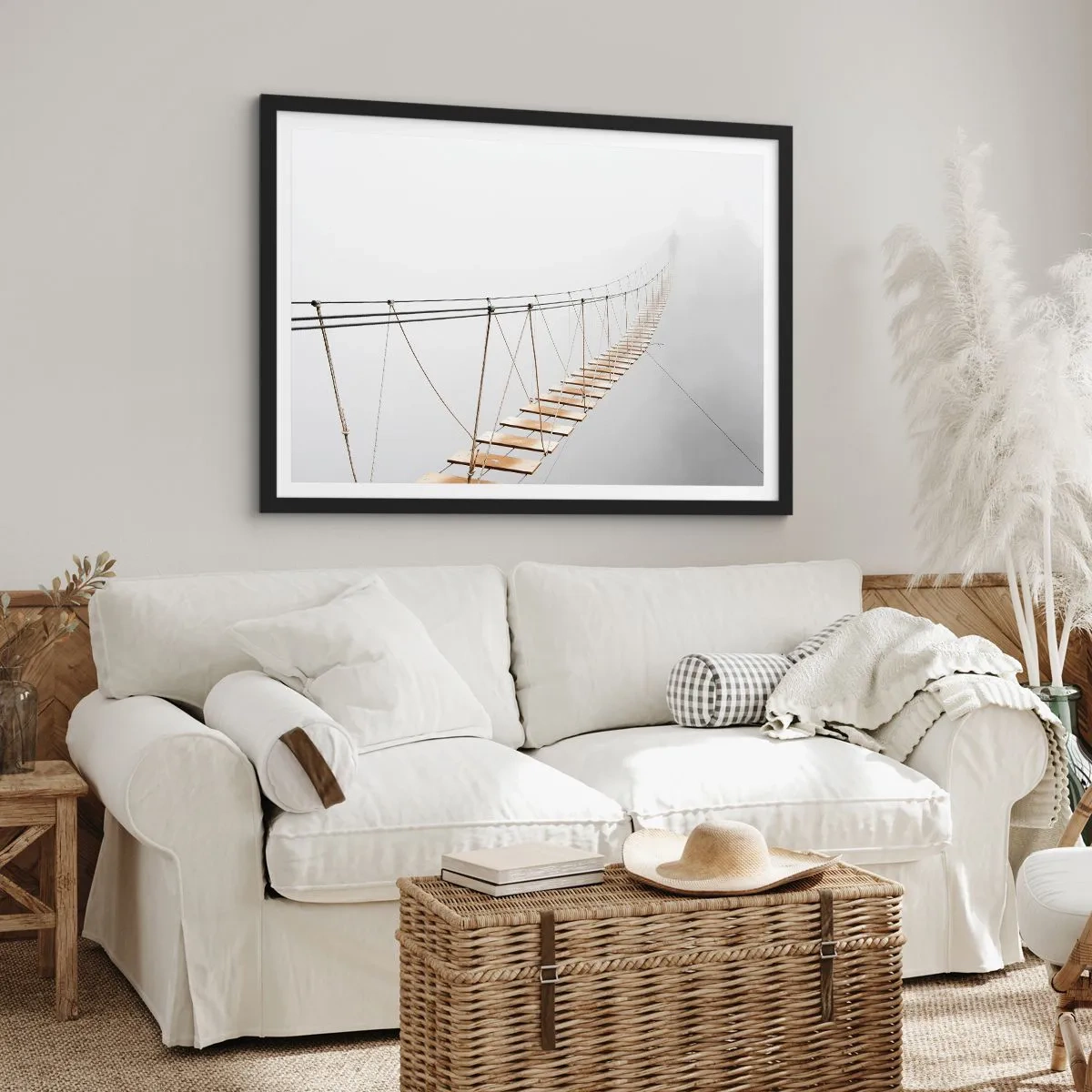 Poster in einem schwarzem Rahmen - Eine Hängebrücke im Nebel aus minimalistischer Perspektive - 100x70cm - Wohin wird es dich führen? - Moderne Wanddekoration für Wohnzimmer und Schlafzimmer ARTTOR
