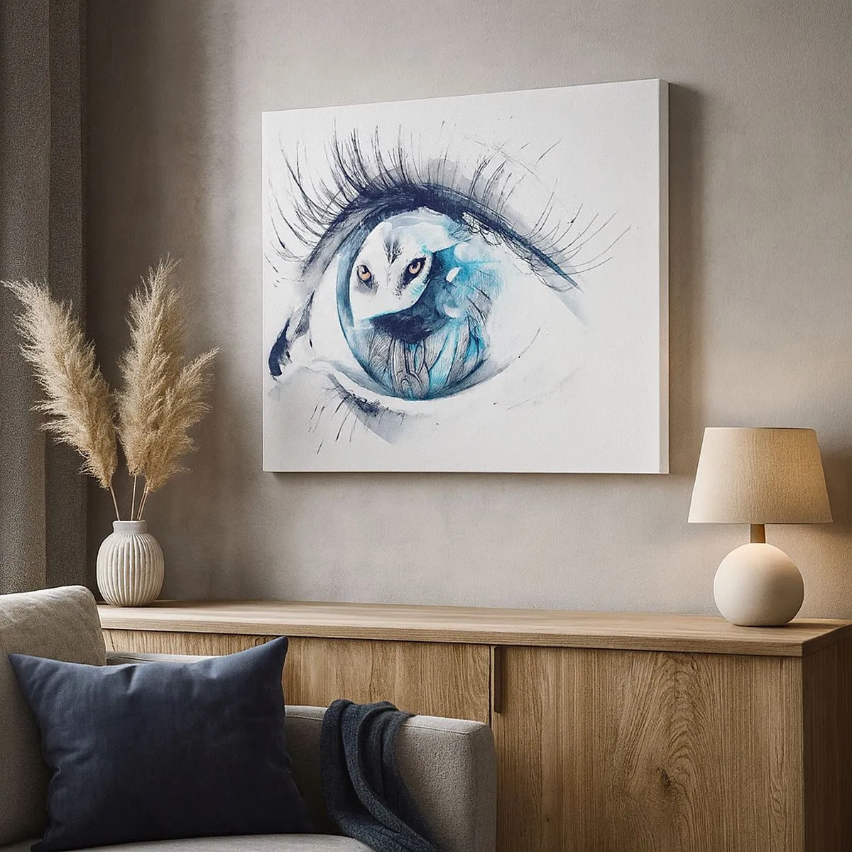 Bild auf Leinwand - Leinwandbild - Ein Auge mit dem Bild einer Eule in Aquarell-Blautönen - 70x50cm - Auge in Auge mit Wildheit - Moderne Wanddekoration für Wohnzimmer und Schlafzimmer ARTTOR