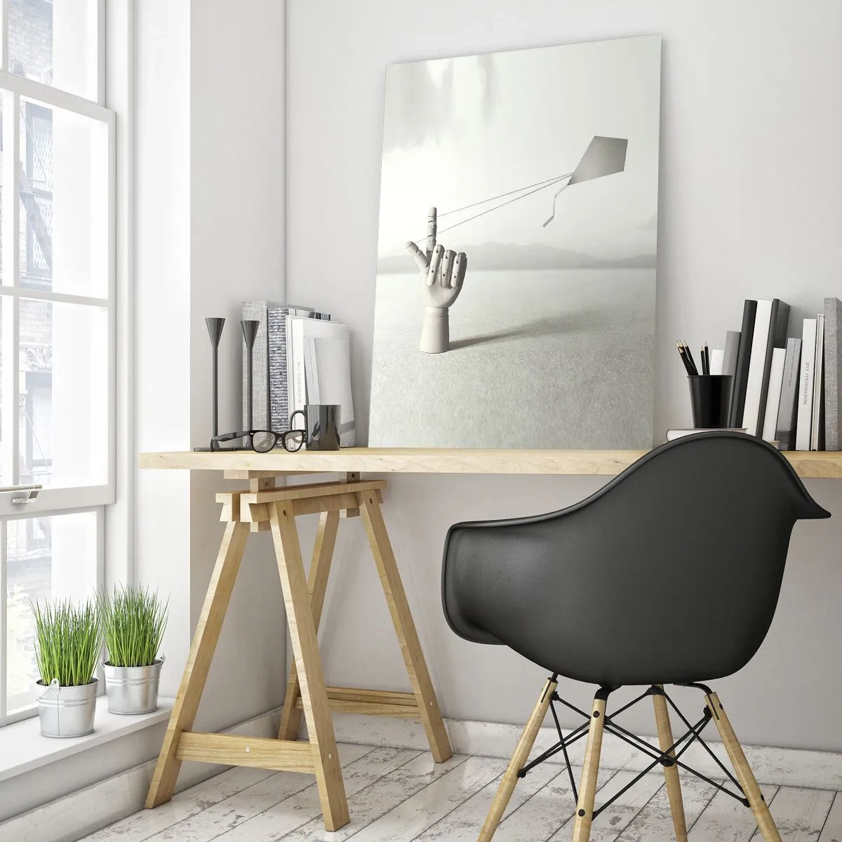 Glasbild - Bild auf glas - Eine Holzhand, die einen schwebenden Drachen auf dem Finger hält - 50x70cm - Kraftprobe - Moderne Wanddekoration für Wohnzimmer und Schlafzimmer ARTTOR