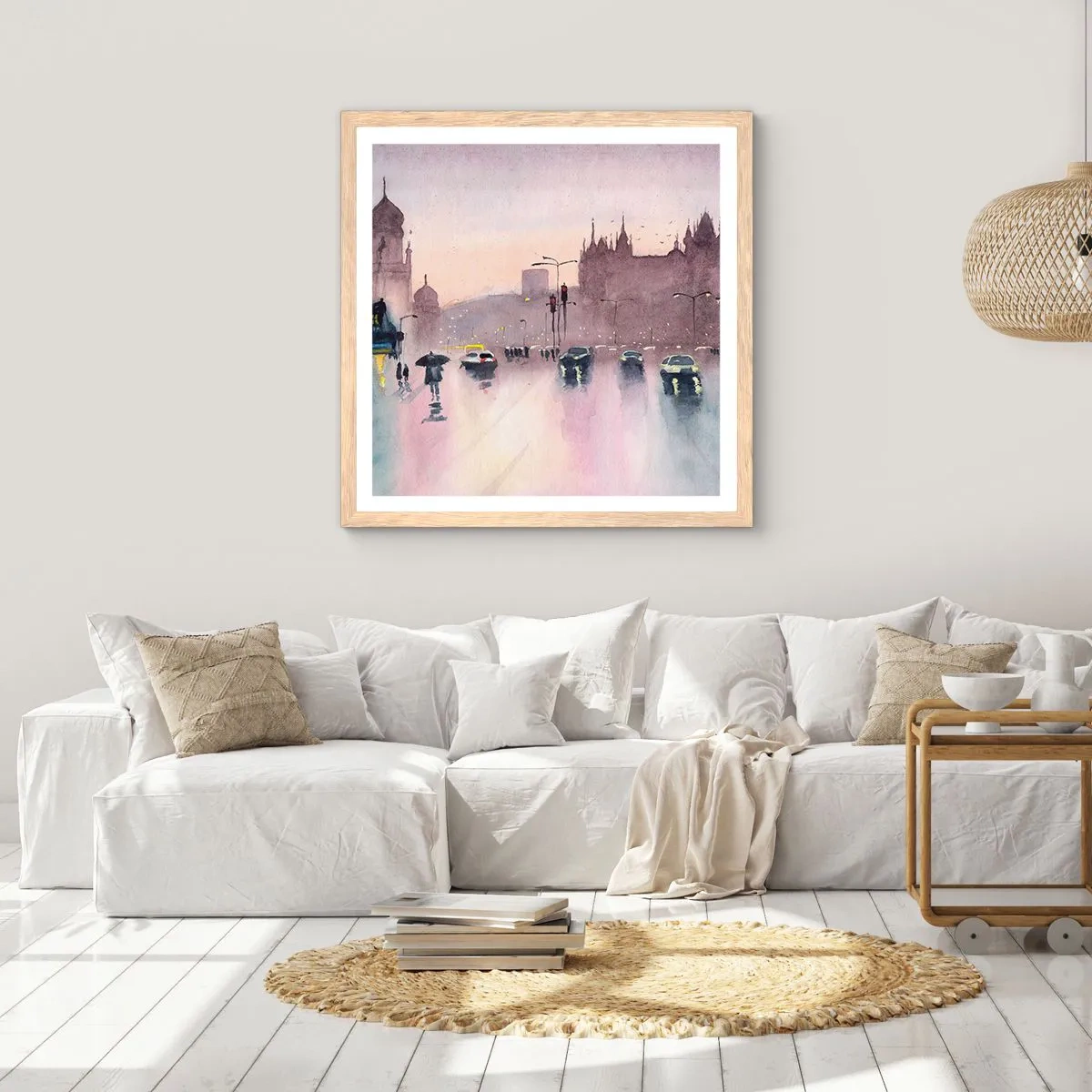 Poster in einem Rahmen aus heller Eiche - Im regnerischen Dunst - 60x60 cm