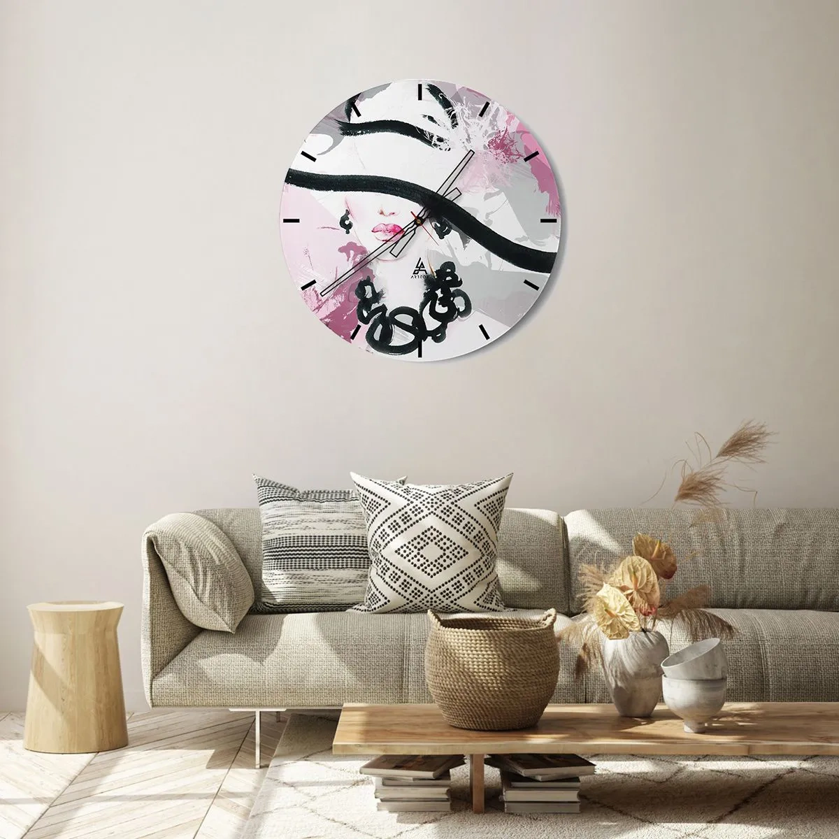 Wanduhr - Glasuhr - Ein elegantes Frauenporträt im schwarz-pinken Stil - 30x30cm - Bildnis einer Dame in Schwarz und Pink - Moderne Wanddekoration für Wohnzimmer, Küche und Schlafzimmer ARTTOR