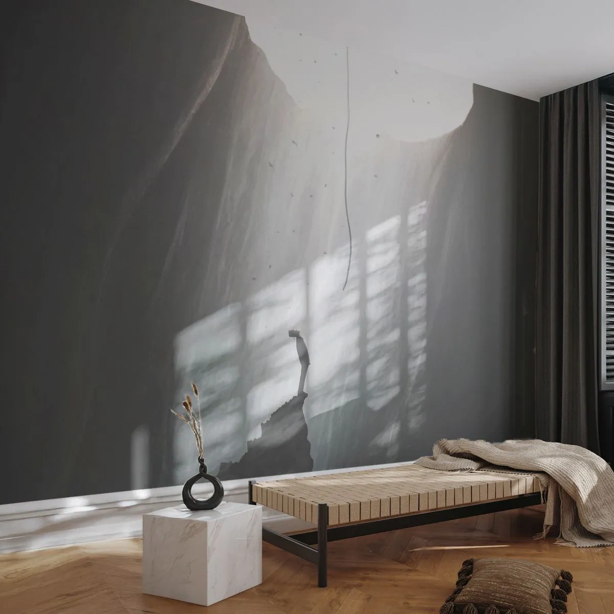 Fototapete Standard Eco - Silhouette eines Mannes auf einem Felsen, beleuchtet von Licht von oben - 100x70cm - Es gibt immer einen Ausweg - Moderne Wanddekoration für Wohnzimmer und Schlafzimmer ARTTOR