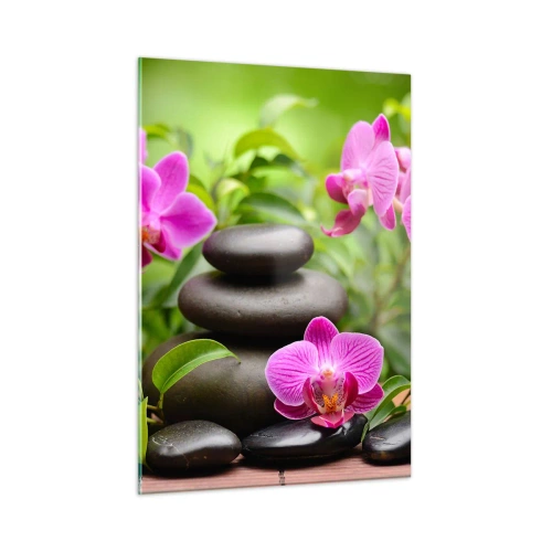 Glasbild - Bild auf glas - Rosa Orchideen und schwarze Steine in einer ruhigen Umgebung - 50x70cm - Die Pyramide des Friedens - Moderne Wanddekoration für Wohnzimmer und Schlafzimmer ARTTOR
