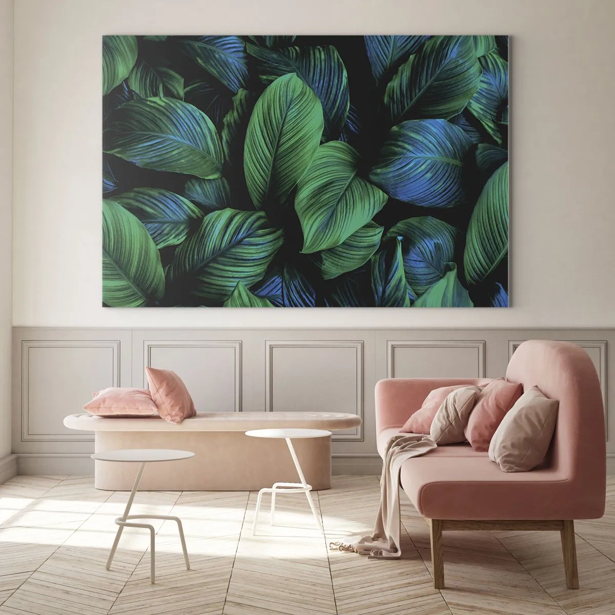 Glasbild - Bild auf glas - Nahaufnahme von Blättern in intensiven Grüntönen - 70x50cm - In der grünen Menge - Moderne Wanddekoration für Wohnzimmer und Schlafzimmer ARTTOR