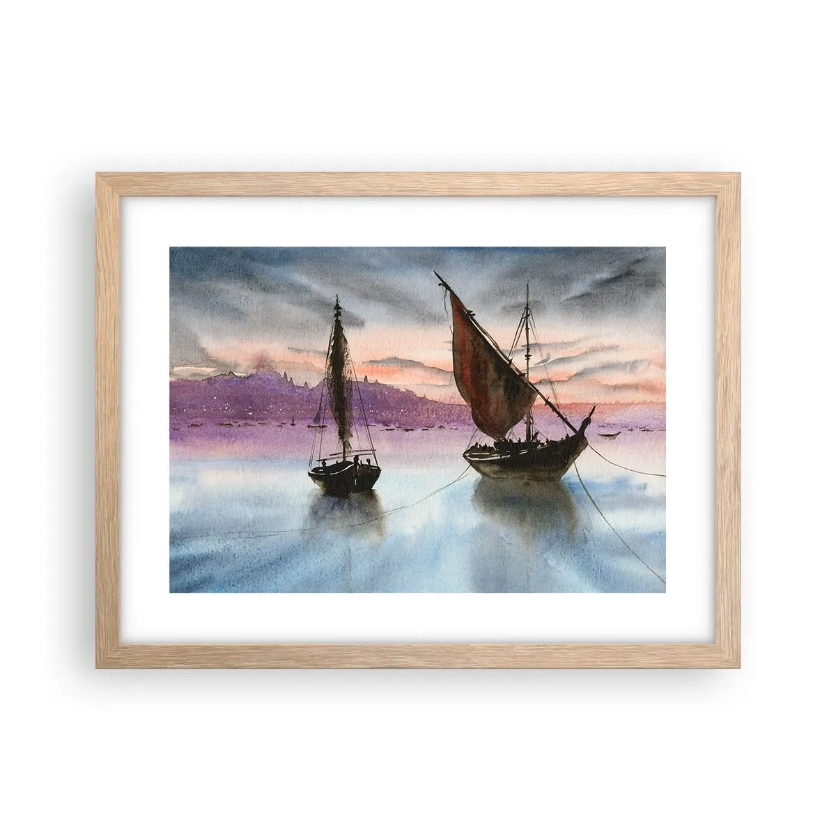 Poster in einem Rahmen aus heller Eiche - Abend am Hafen - 40x30 cm