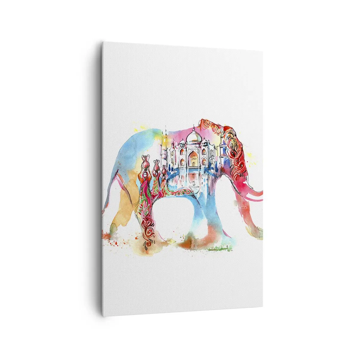 Bild auf Leinwand - Leinwandbild - Farbenfrohes Aquarell eines Elefanten mit Taj Mahal-Motiv - 80x120cm - Indien – die Aura der Liebe - Moderne Wanddekoration für Wohnzimmer und Schlafzimmer ARTTOR
