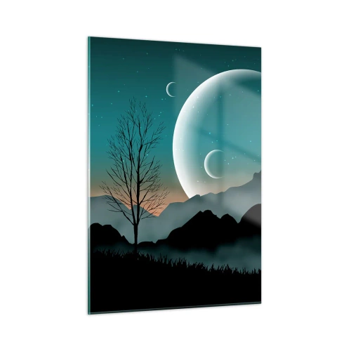 Glasbild - Bild auf glas - Monde über Bergen mit einem einsamen Baum und Sternen - 50x70cm - Karneval in der Sternenacht - Moderne Wanddekoration für Wohnzimmer und Schlafzimmer ARTTOR