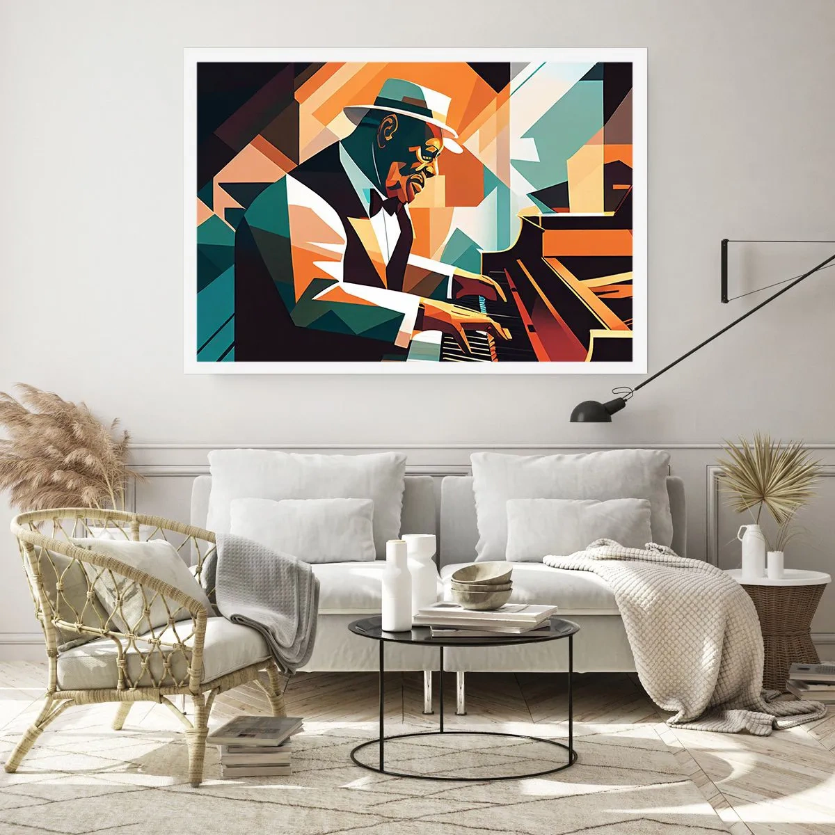 Poster - Abstrakter Musiker, der in warmen Farben Klavier spielt. - 100x70cm - Alles vom Jazz - Moderne Wanddekoration für Wohnzimmer und Schlafzimmer ARTTOR