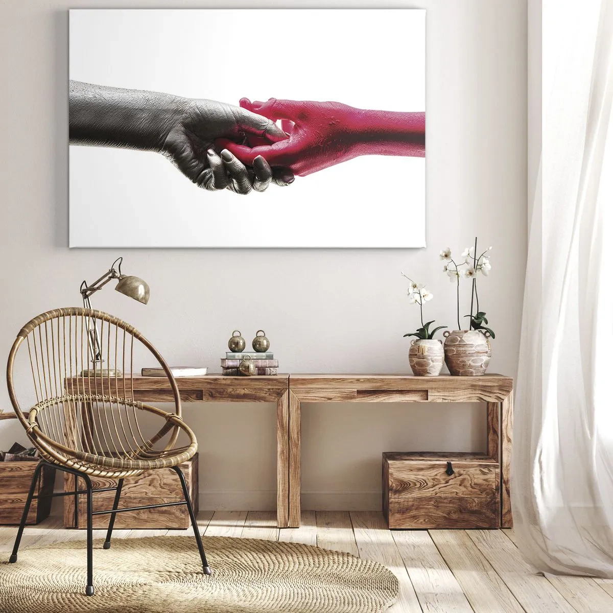 Bild auf Leinwand - Leinwandbild - Symbolische Hände in Silber und Rot - 100x70cm - Gemeinsam, obwohl anders - Moderne Wanddekoration für Wohnzimmer und Schlafzimmer ARTTOR