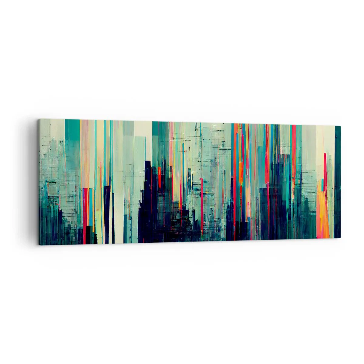 Bild auf Leinwand - Leinwandbild - Abstraktion mit vertikalen Linien und einer Stadtsilhouette - 140x50cm - Futuristische Stadt - Moderne Wanddekoration für Wohnzimmer und Schlafzimmer ARTTOR