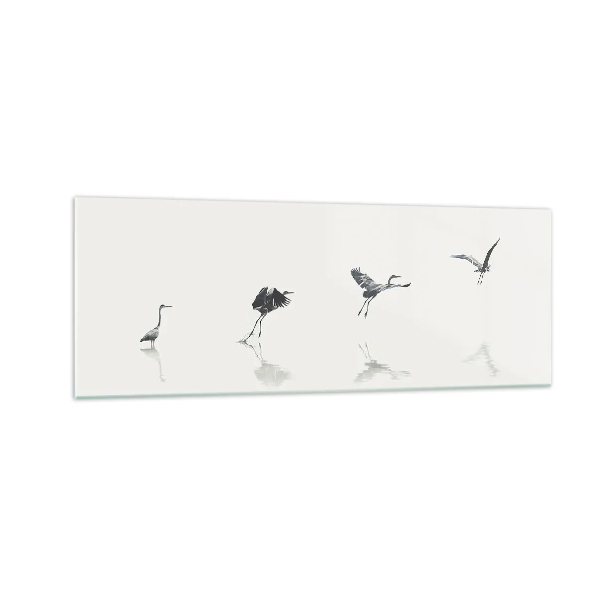 Glasbild - Bild auf glas - Vier Vogelsilhouetten spiegeln sich im ruhigen Wasser - 140x50cm - Vier einfache Schritte - Moderne Wanddekoration für Wohnzimmer und Schlafzimmer ARTTOR
