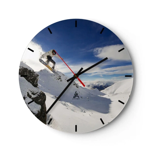 Wanduhr - Glasuhr - Snowboarder in Aktion mit Bergen im Hintergrund - 30x30cm - Freiheit ohne Grenzen - Moderne Wanddekoration für Wohnzimmer, Küche und Schlafzimmer ARTTOR