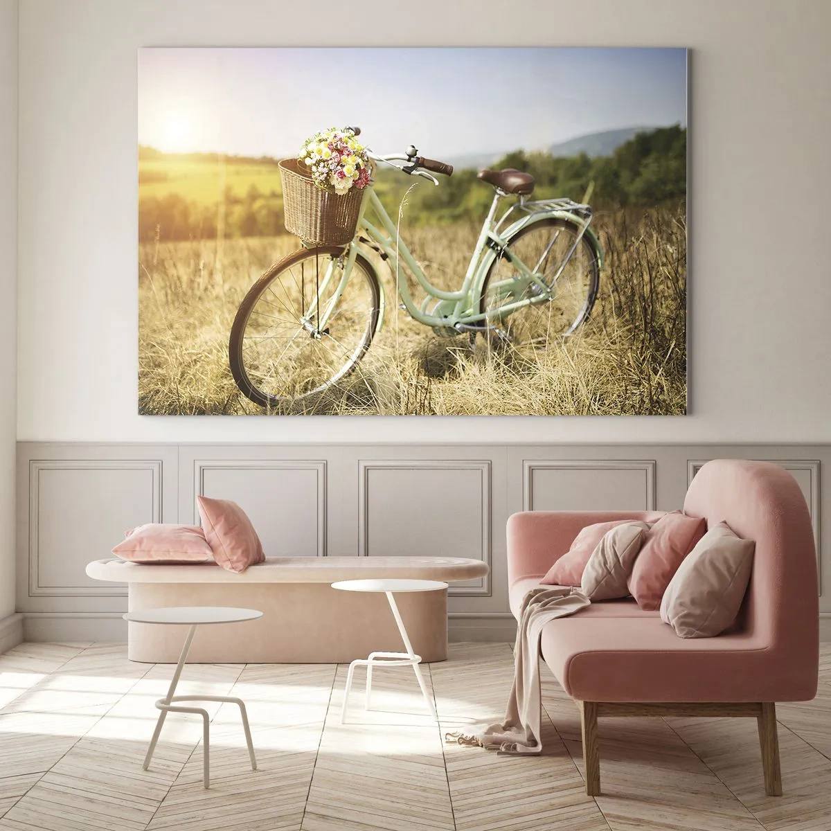 Glasbild - Bild auf glas - Retro-Fahrrad mit Blumen vor einem natürlichen Hintergrund - 100x70cm - Ich bleibe eine Weile hier - Moderne Wanddekoration für Wohnzimmer und Schlafzimmer ARTTOR