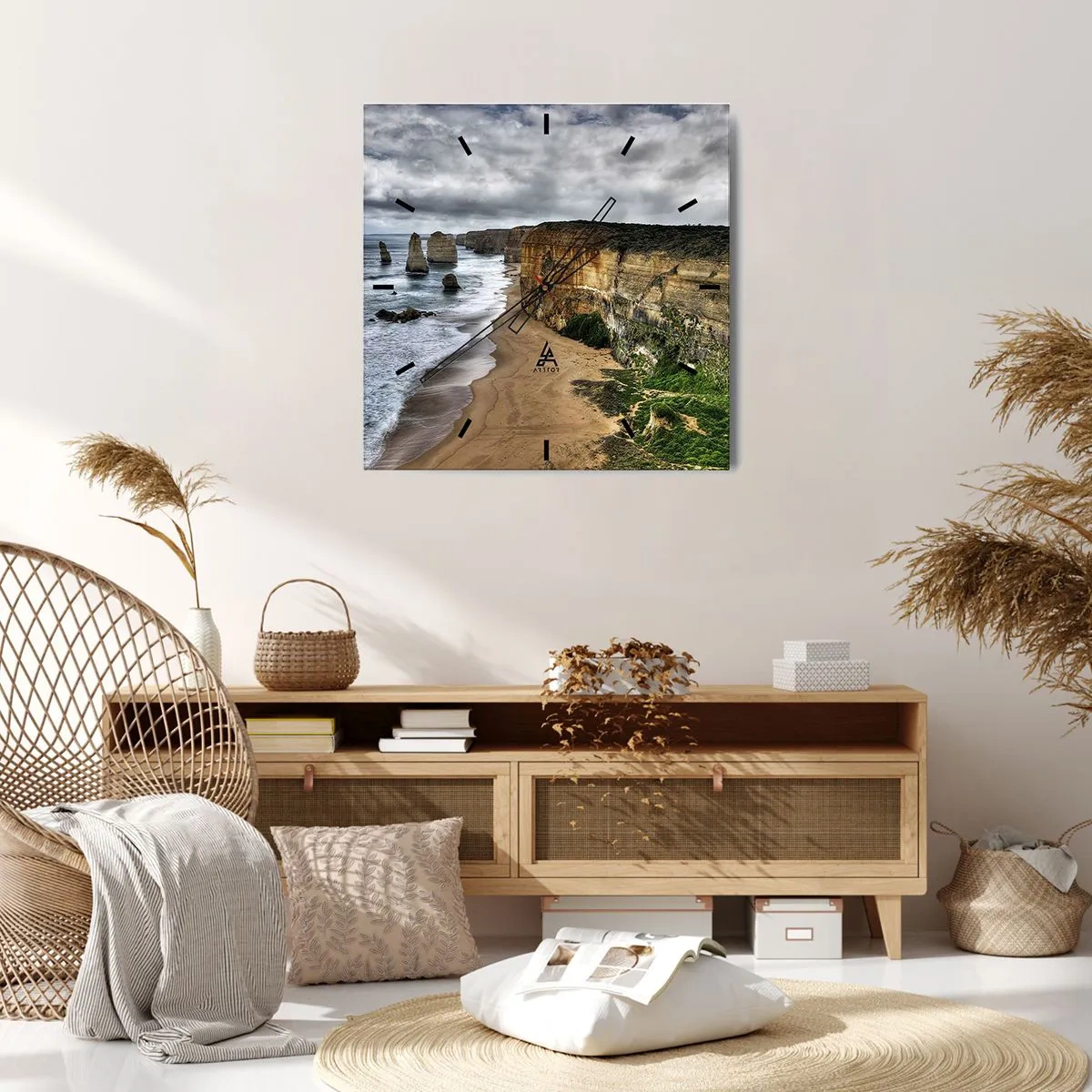 Wanduhr - Glasuhr - Steilküste mit Strand und Felsformationen - 30x30cm - Rohe Schönheit - Moderne Wanddekoration für Wohnzimmer und Schlafzimmer ARTTOR