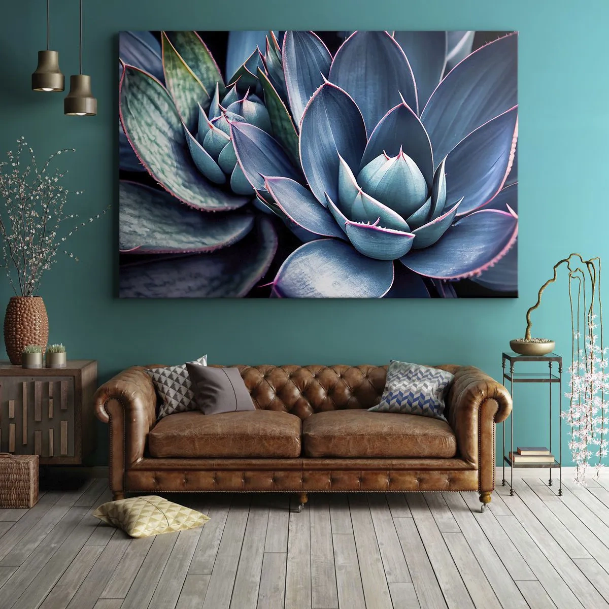Bild auf Leinwand - Leinwandbild - Agave in Blau- und Grüntönen mit rosa Akzenten - 100x70cm - Lebenskraft - Moderne Wanddekoration für Wohnzimmer und Schlafzimmer ARTTOR