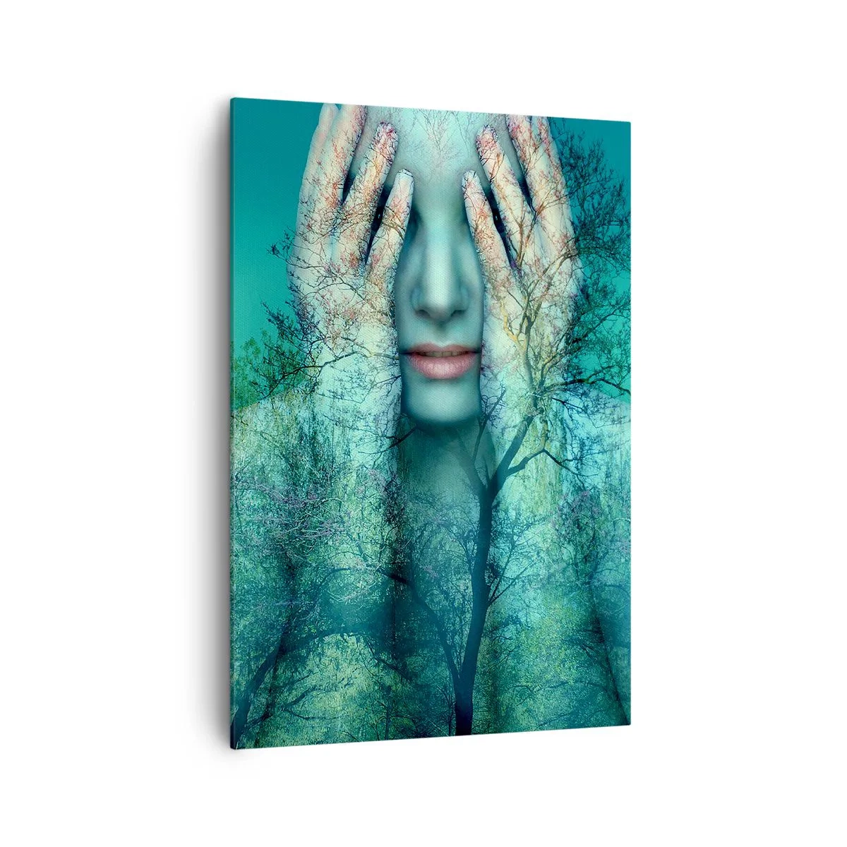 Bild auf Leinwand - Leinwandbild - Eine Frauenfigur mit Baummotiv vor türkisfarbenem Landschaftshintergrund - 70x100cm - Eingetaucht in Blau - Moderne Wanddekoration für Wohnzimmer und Schlafzimmer ARTTOR