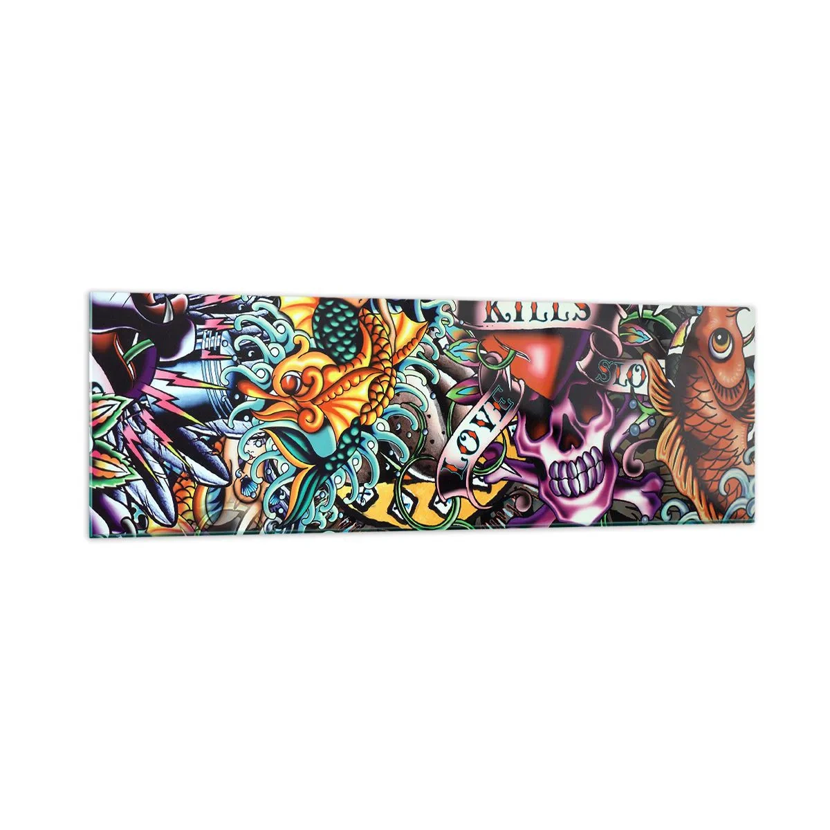 Glasbild - Bild auf glas - Farbenfrohe Kunstwerke im Tattoo-Stil mit Totenköpfen und nautischen Motiven - 160x50cm - Der Traum des Tätowierers - Moderne Wanddekoration für Wohnzimmer und Schlafzimmer ARTTOR