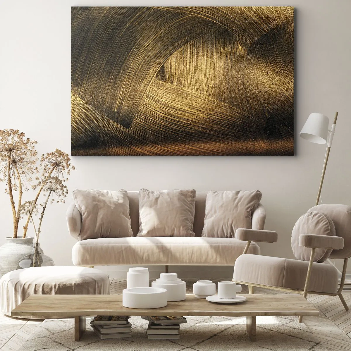 Bild auf Leinwand - Leinwandbild - Goldene abstrakte Pinselstriche - 100x70cm - In einem goldenen Labyrinth - Moderne Wanddekoration für Wohnzimmer und Schlafzimmer ARTTOR