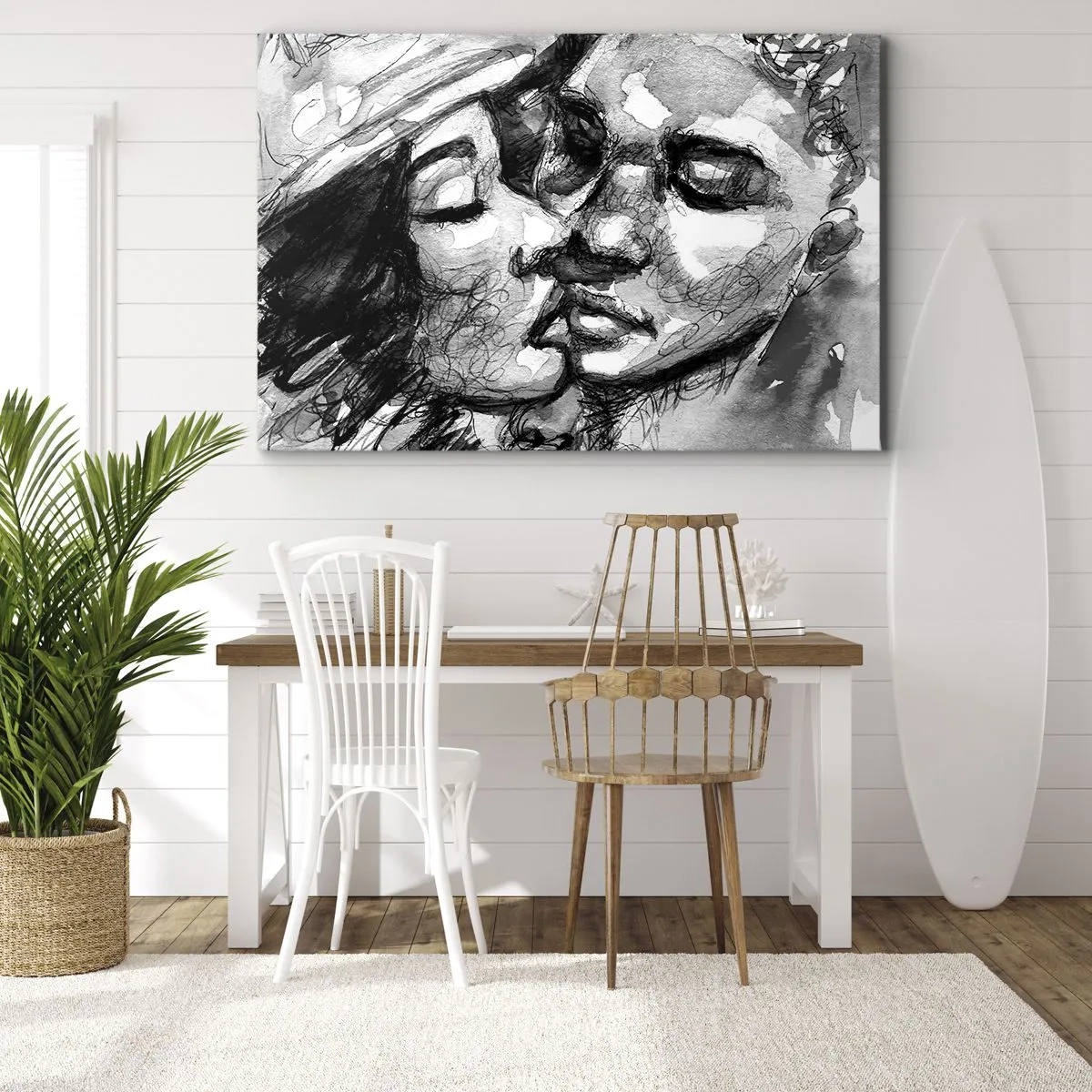 Bild auf Leinwand - Leinwandbild - Ein schwarz-weißes Aquarell, das einen intimen Moment zwischen zwei Menschen darstellt. - 100x70cm - Zärtlicher Moment - Moderne Wanddekoration für Wohnzimmer und Schlafzimmer ARTTOR