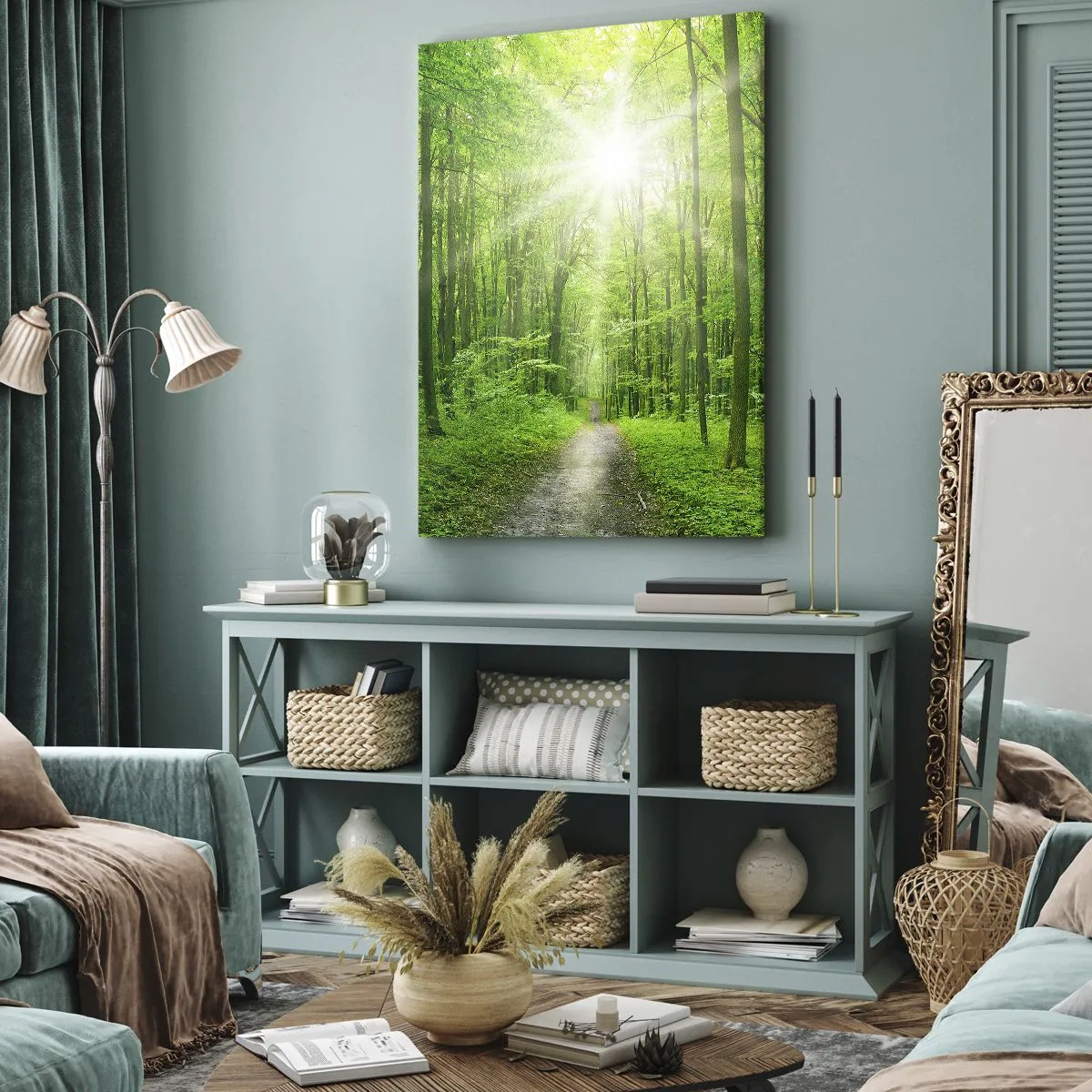 Bild auf Leinwand - Leinwandbild - Pfad im Wald mit Sonnenstrahlen - 50x70cm - Die grüne Kathedrale - Moderne Wanddekoration für Wohnzimmer und Schlafzimmer ARTTOR