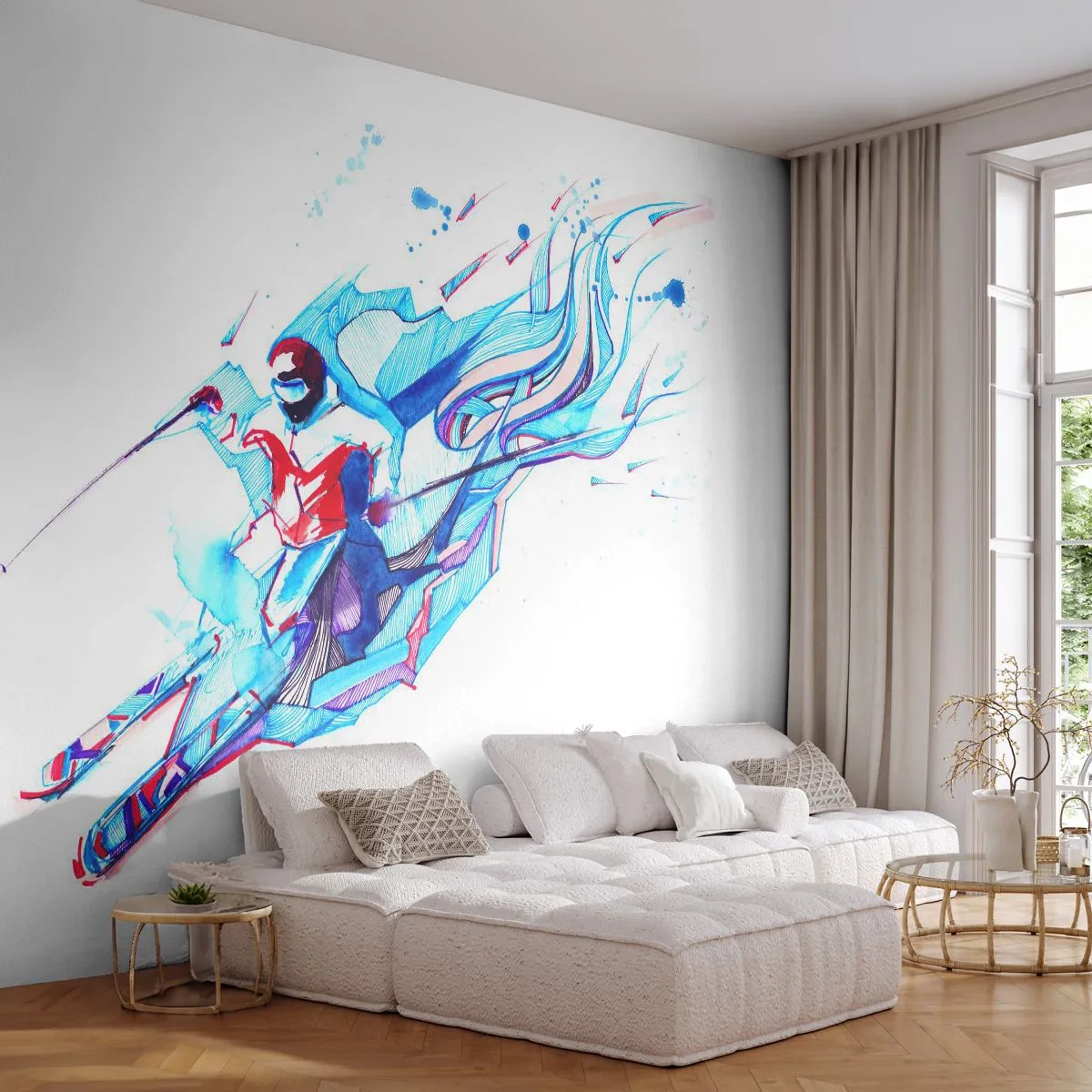 Fototapete Premium Sand - Ein Skifahrer in einer dynamischen Aquarellkomposition - 100x70cm - Verrückter Ansturm vor Freude - Moderne Wanddekoration für Wohnzimmer und Schlafzimmer ARTTOR