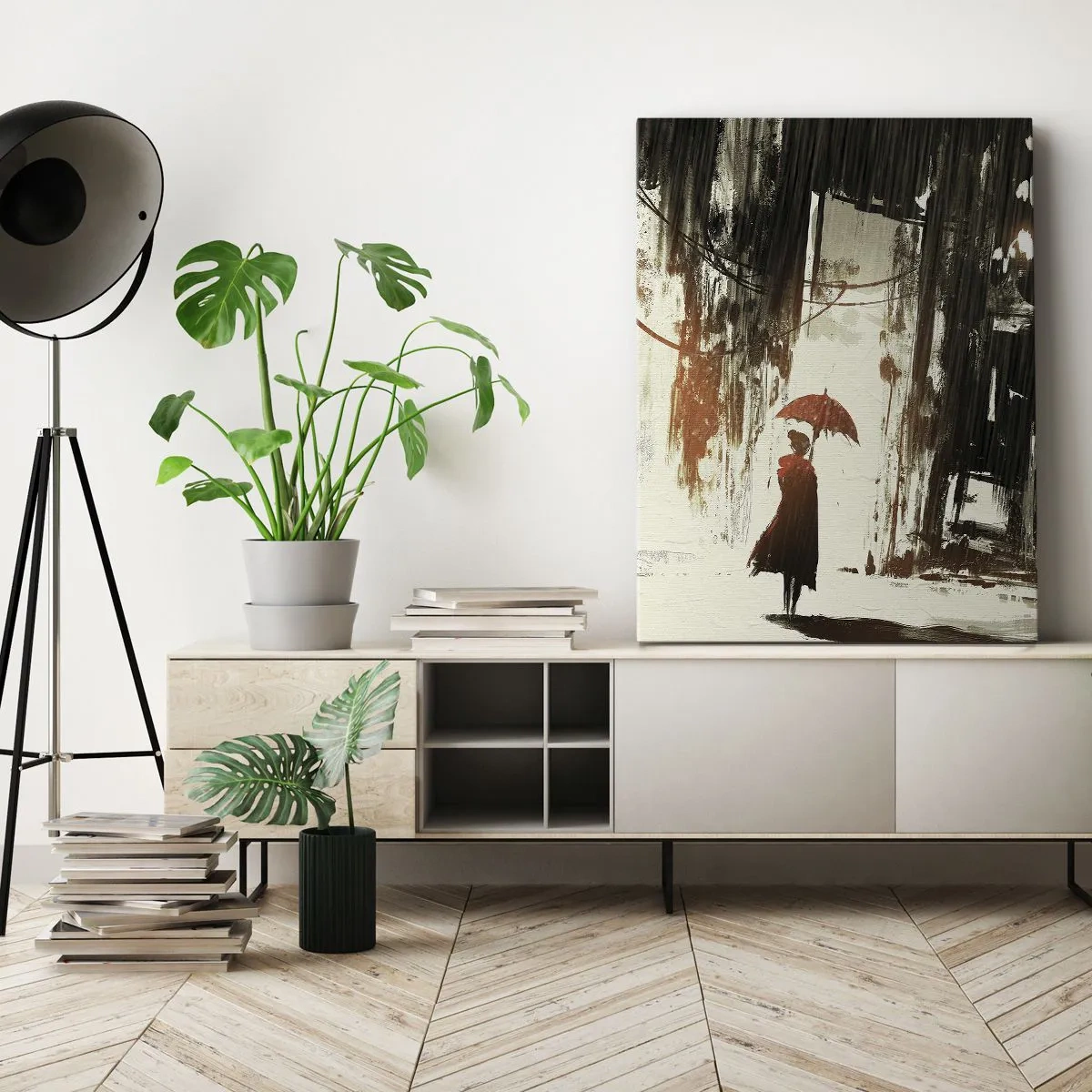 Bild auf Leinwand - Leinwandbild - Die Poesie des roten Regenschirms - 45x80 cm