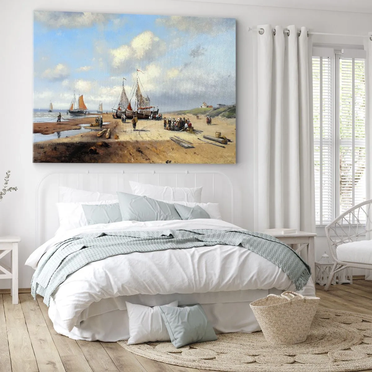 Bild auf Leinwand - Leinwandbild - Fischerboote am Strand mit menschlichen Figuren - 70x50cm - Nach einem erfolgreichen Fischfang - Moderne Wanddekoration für Wohnzimmer und Schlafzimmer ARTTOR