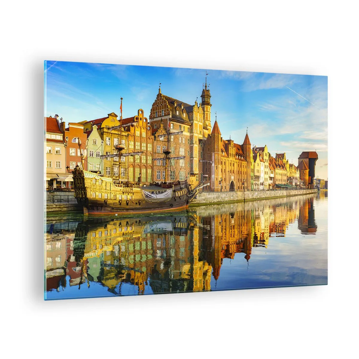 Glasbild - Bild auf glas - Danziger Altstadt mit Spiegelung im Wasser - 70x50cm - Ein Spiegelbild der Vergangenheit - Moderne Wanddekoration für Wohnzimmer und Schlafzimmer ARTTOR