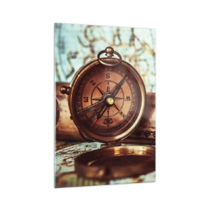 Glasbild - Bild auf glas - Ein Retro-Set mit Kompass, Teleskop und Karte im Reisethema - 70x100cm - Ein Piratenabenteuer in der Karibik wartet - Moderne Wanddekoration für Wohnzimmer und Schlafzimmer ARTTOR