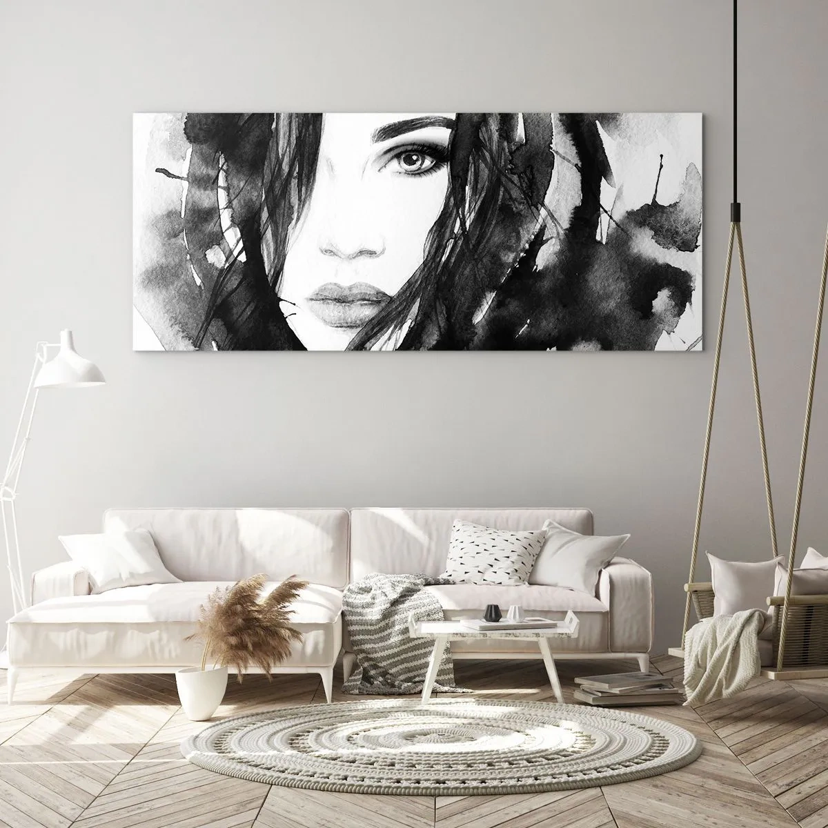 Glasbild - Bild auf glas - Porträt einer Frau in Schwarz-Weiß-Aquarell - 160x50cm - Porträt einer Dame in Schwarzweiß - Moderne Wanddekoration für Wohnzimmer und Schlafzimmer ARTTOR